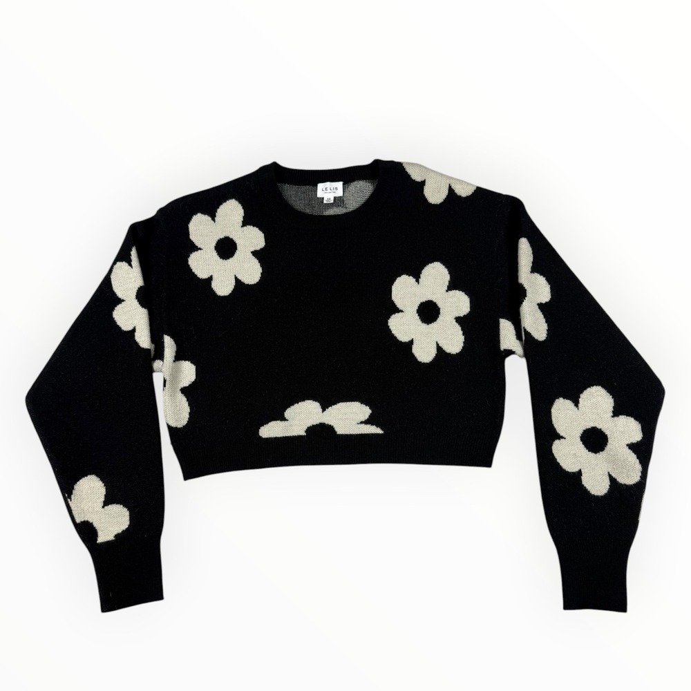 Le Lis Collection Black White Floral Cropped Sweater XS IWT1436 Long Sleeve Crew
